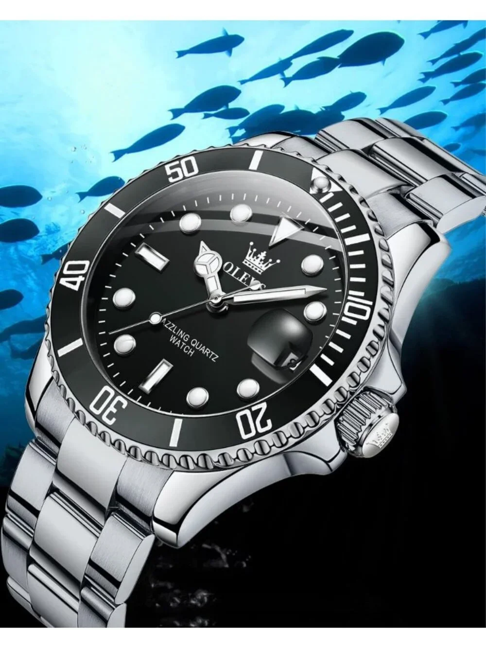 Men's Black Premium Silver Stainless Analog Rotatable Bezel Date Steel Watch